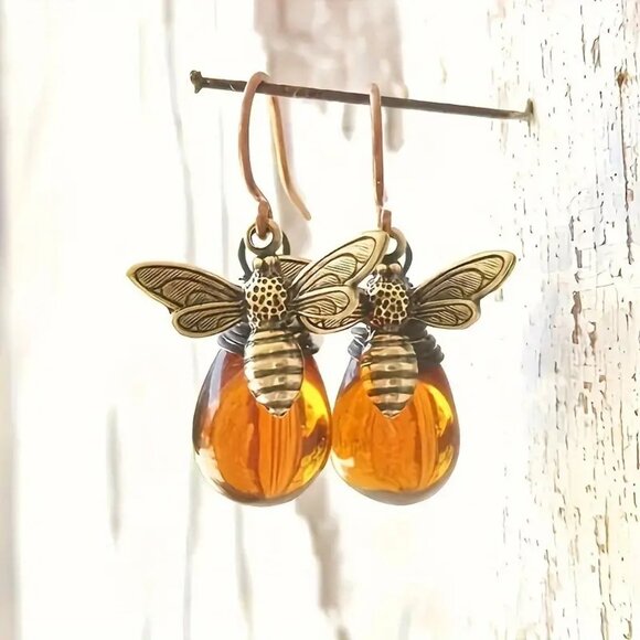 #06 Cute Honey Bee Glass Drop Dangle Earrings – No Plating, Glass Mosaic - Picture 1 of 1